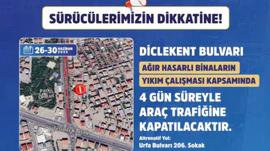 Diyarbakır’da Diclekent Bulvarı 4 gün trafiğe kapanacak