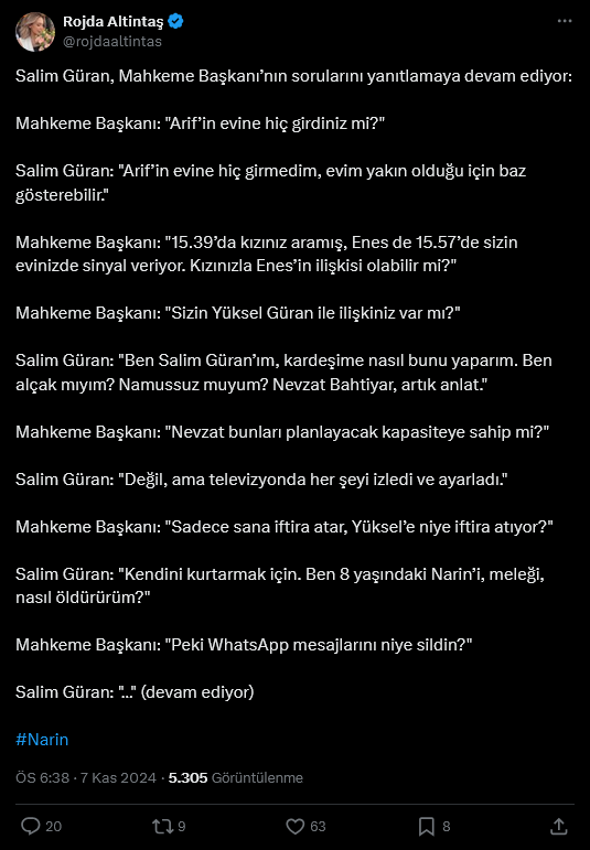Screenshot 2024 11 07 At 18 41 51 1 Xte Rojda Altintas Salim Guran Mahkeme Baskaninin Sorularini Yanitlamaya Devam Ediyor Mahkeme Baskani Arifin Evine Hic Girdiniz Mi Salim Guran Arifin Evine Hic Girmedim Evim Yakin