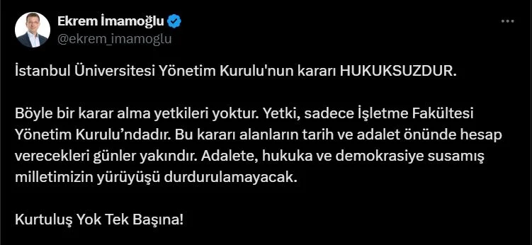 Ekrem İmamoğlu, İstanbul Üniversitesi'nin Iptal Kararına Karşı Çıktı-1