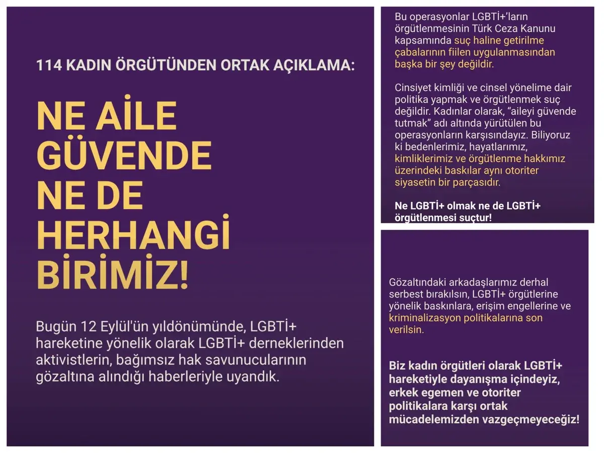 esikplatformu on X: "🟣 Kadın örgütlerinden "Ailem Güvende” adıyla  duyurulan operasyon hakkında ortak açıklama: 💬 "Biz kadın örgütleri olarak  LGBTİ+ hareketiyle dayanışma içindeyiz, erkek egemen ve otoriter  politikalara karşı ortak mücadelemizden ...